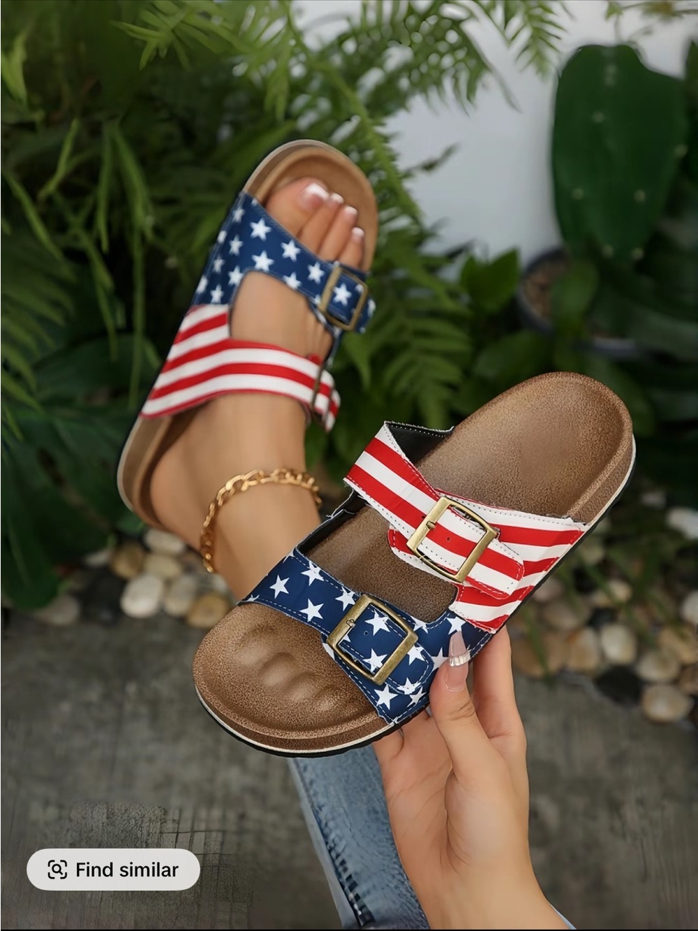 American Flag Double Buckle Slide Sandals - Red White Blue - size 8